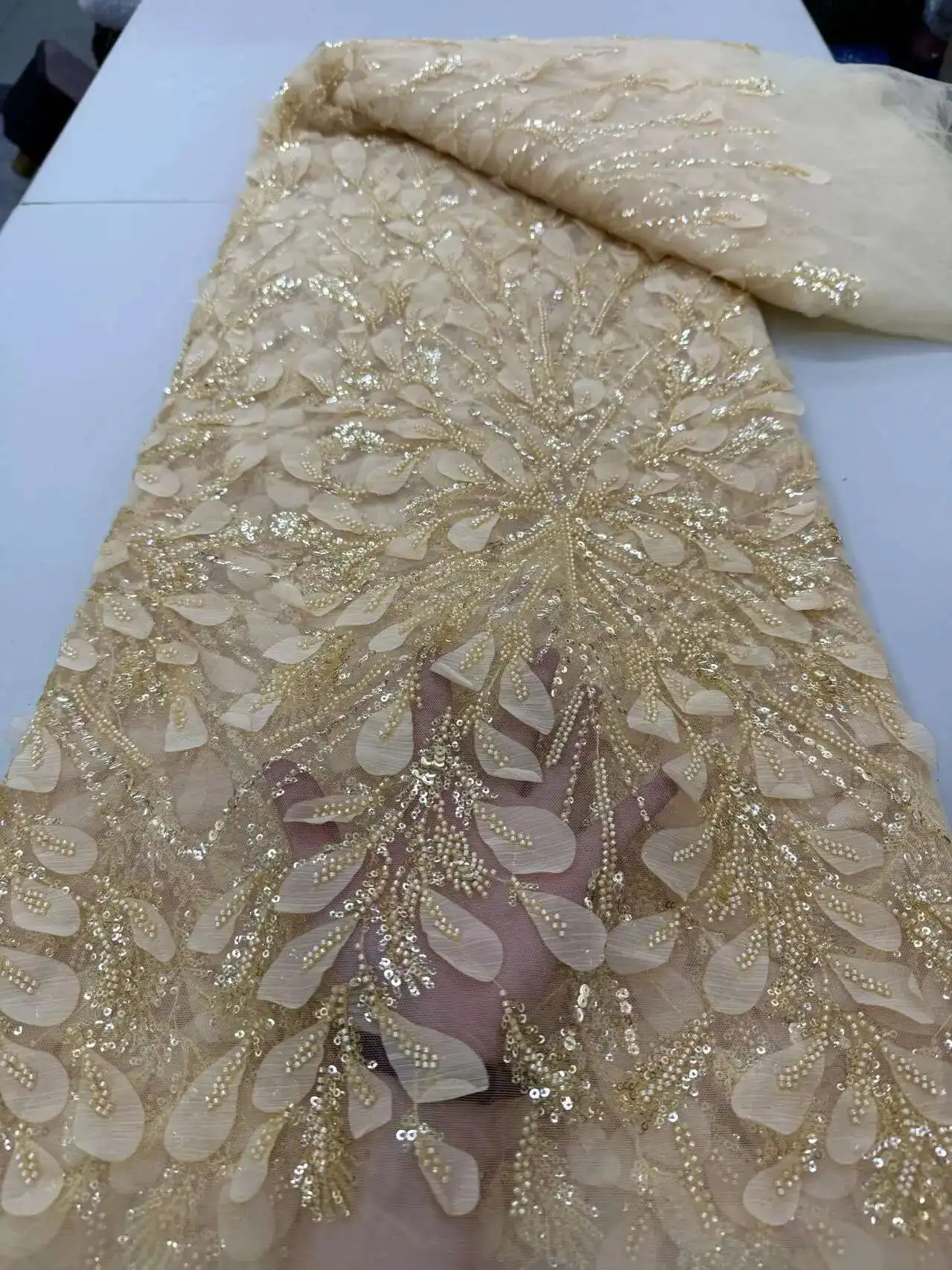 

Beautiful Nigerian Sequins Party Lace African Beads Lace Fabric 2025 High Quality 5 Yards African French Tulle Net Lace Fabric