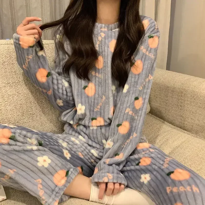 Women Pajama Sets Cute Peach Printed Suit Pullovers And Pants Warm Sets Thicken Fleece 2 Pieces Sets Women 2024 Autumn Winter