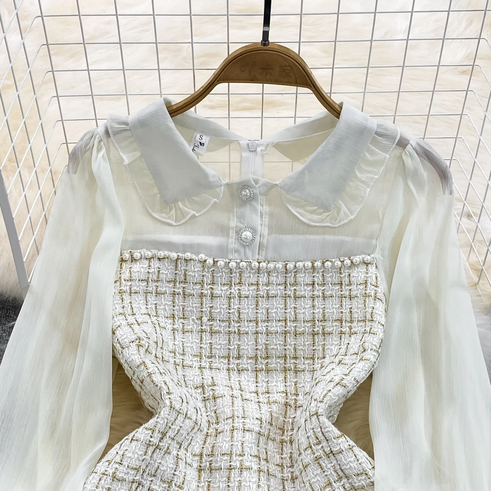 Autumn New Style Small Fragrance Style A-Line Dress Women's High Waist Long Sleeve Chiffon Splicing Thickened Woolen Dress