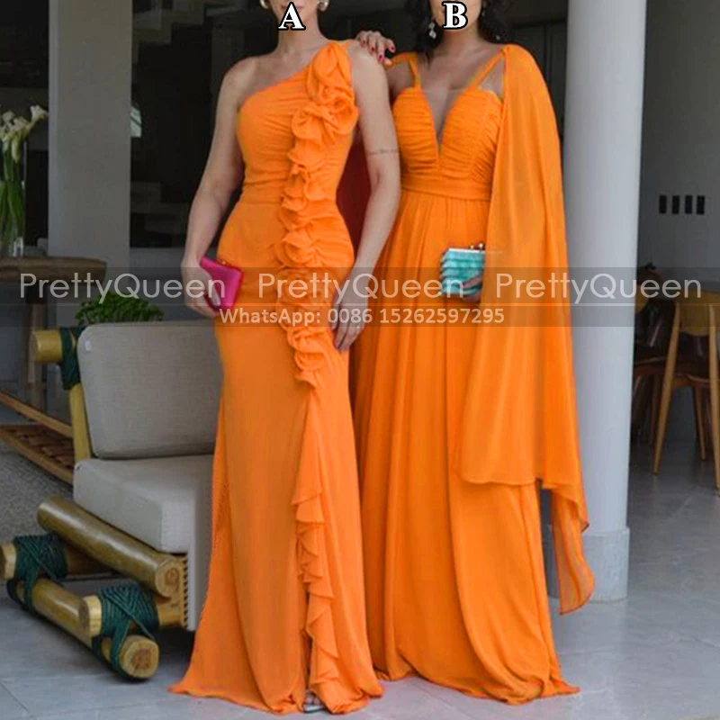 

Shawl A Line Long Prom Dresses Customized Ruffles Flowers One Shoulder Mermaid Orange Chiffon Reception Dresses Party For Women