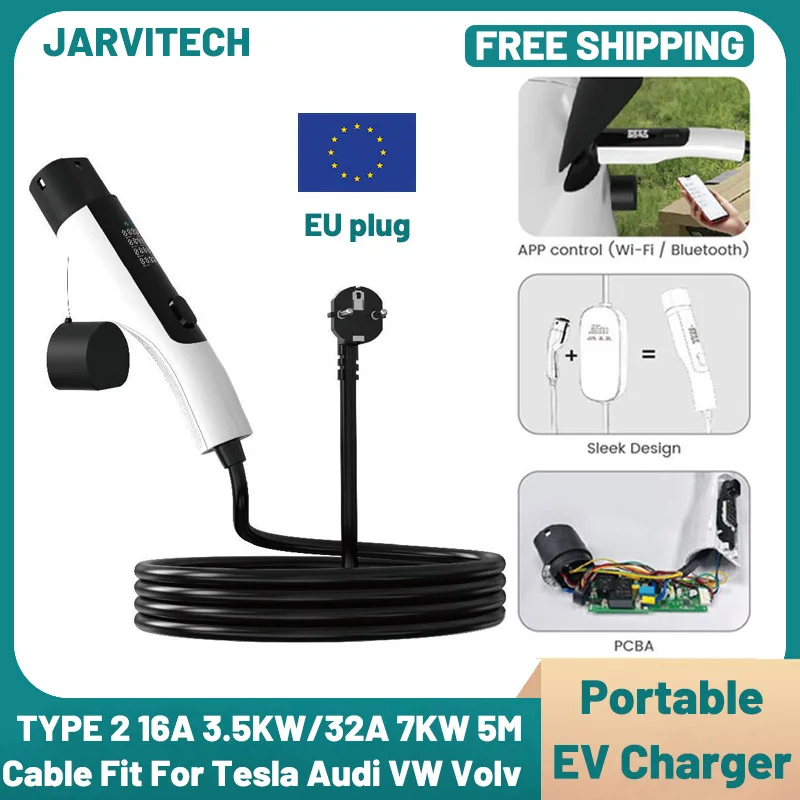 Portable EV Charger 3.5KW 16A 7KW 32A 5M Cable Type2 IEC62196 EVSE EU Plug Wallbox Adapter For Electric Vehicle All-in-One APP