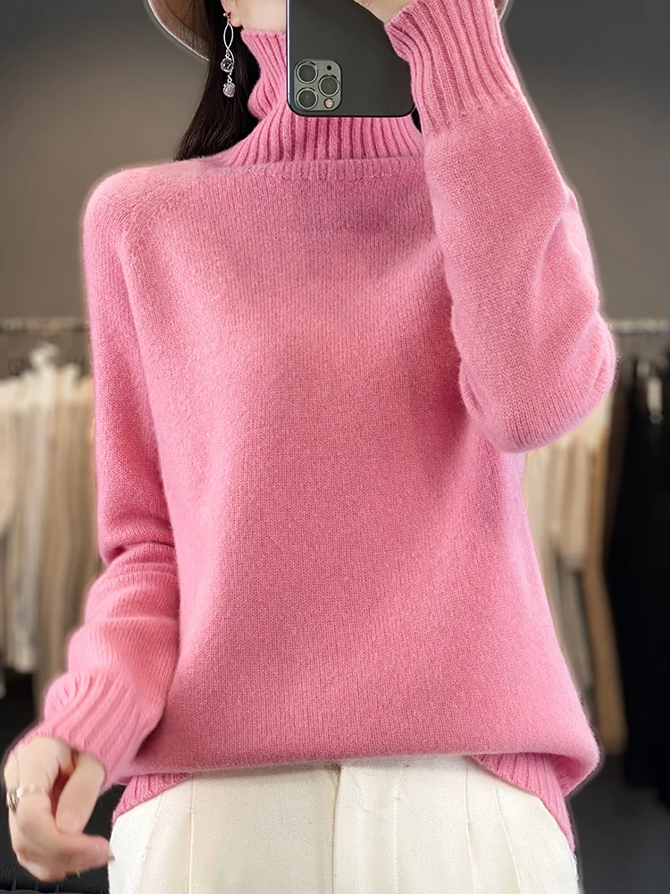 Aliselect Women Pullover Sweater Autumn Winter 100%Merino Wool Solid Turtleneck Cashmere Knitted Basic Jumper Korean Fashion Top