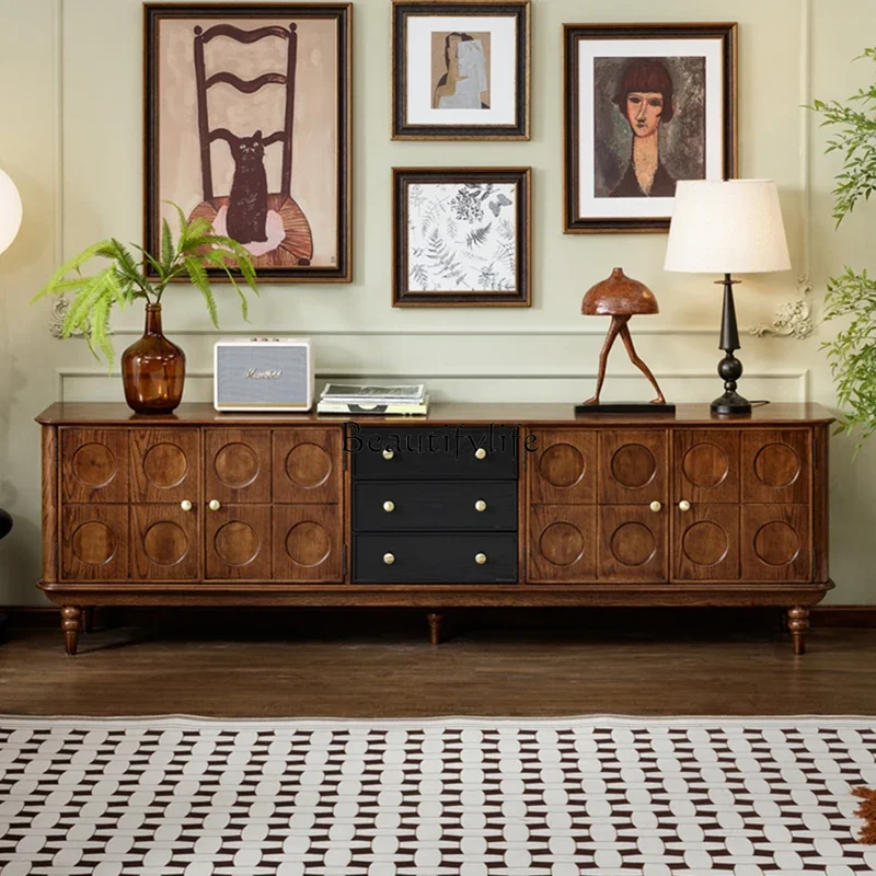 

46Medieval French retro pure solid wood TV cabinet floor 2.2 meters 2024 new high cabinet