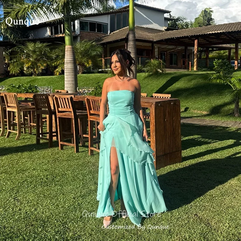 

Qunque Glamorous Mint Green Chiffon Evening Dresses Layered Ruffled Asymmetric Prom Dresses High Slit Robes De Soirée Customized