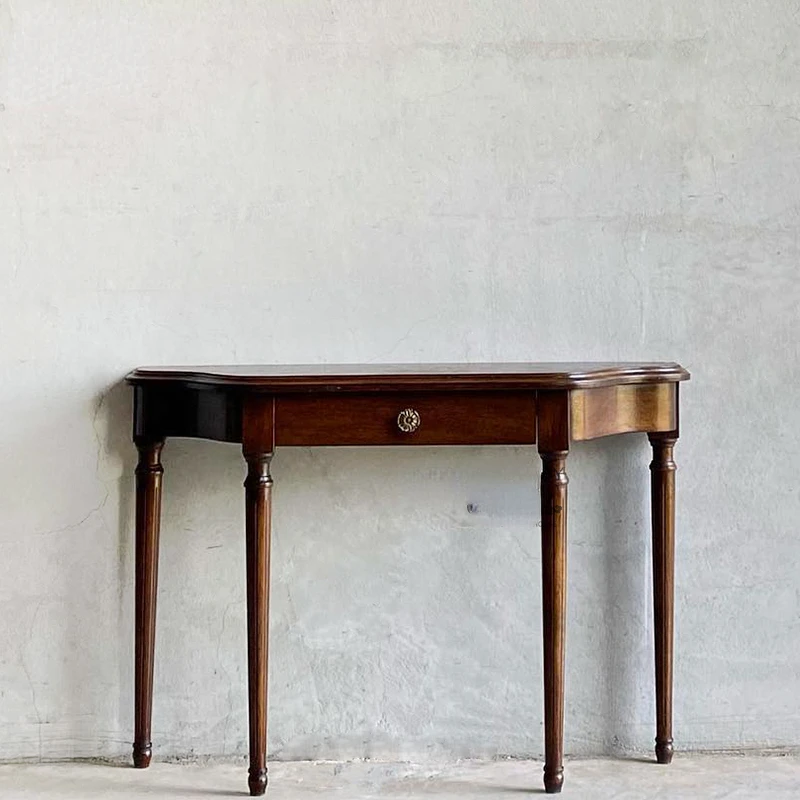 Solid wood retro entrance table and counter cabinet are old, carved and decorated against the wall, long strip, side cabinet