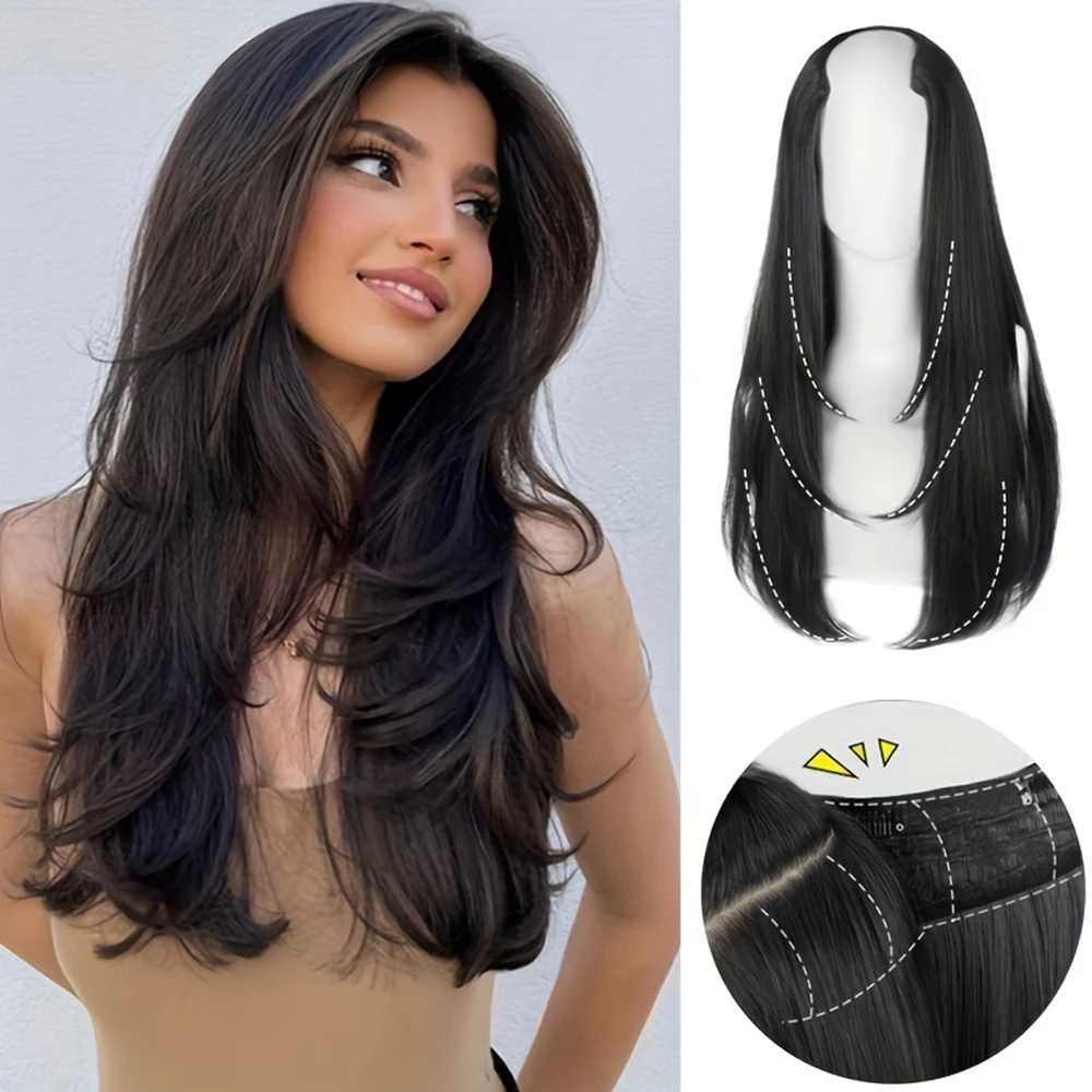 18/22/24Inch Women's Synthetic Long Hair Styling Long Hair Synthetic Wigs Layered Hair Extensions Top of the Head Increase Hair