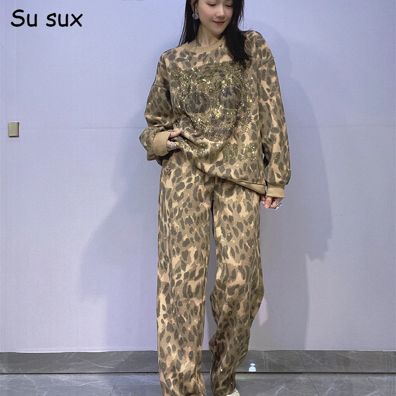 

Tiger Head Leopard Print Straight Pant Sets 2 Pieces Woman Outfits 2025 Autumn Casual Pullover Seatershirt and Sweatpants Sets