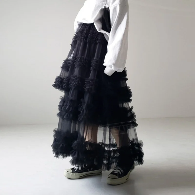 TFETTERS Women Summer White Tulle Cake Maxi Skirt Elastic High Waist Multi Layer Ruffle Mesh Skirt Fairy Long Skirt for Vacation