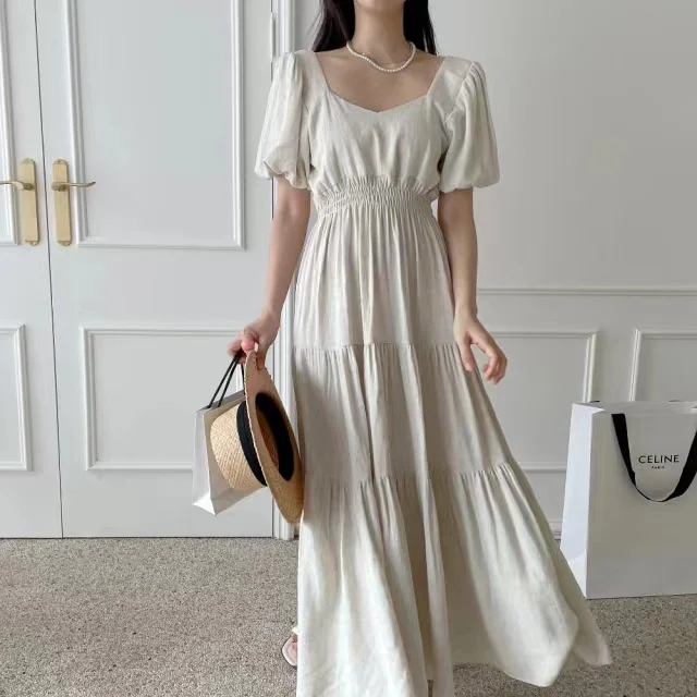 พัฟแขน Chic ฤดูร้อนชุดจีบยาวผู้หญิงแฟชั่นเกาหลีหลวมเสื้อผ้าฝ้ายผู้หญิงสุภาพสตรีชุด Vestidos