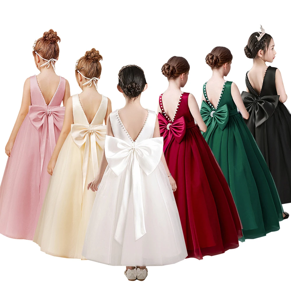 

7-14Y Girls Party Dress Elegnet Big Bow One-piece Princess Dresses Formal Christmas Dress for Girls Pearl Mesh Long Vestidos