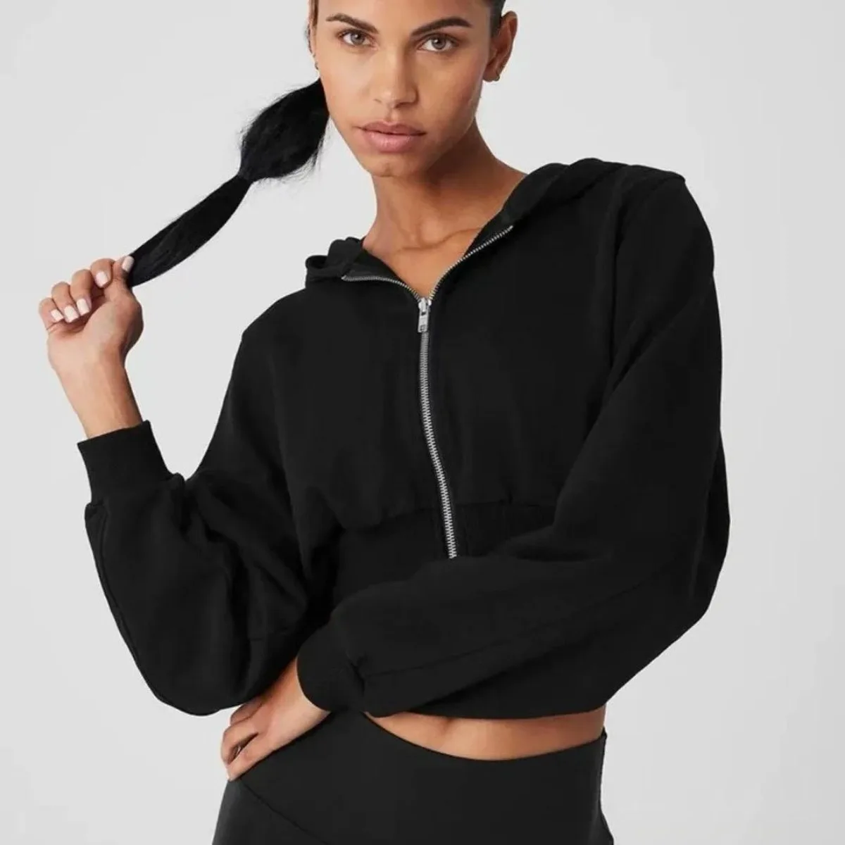 크롭 스포츠 패션 짧은 지퍼 후드 재킷, 루즈 캐주얼 가디건 스웨터