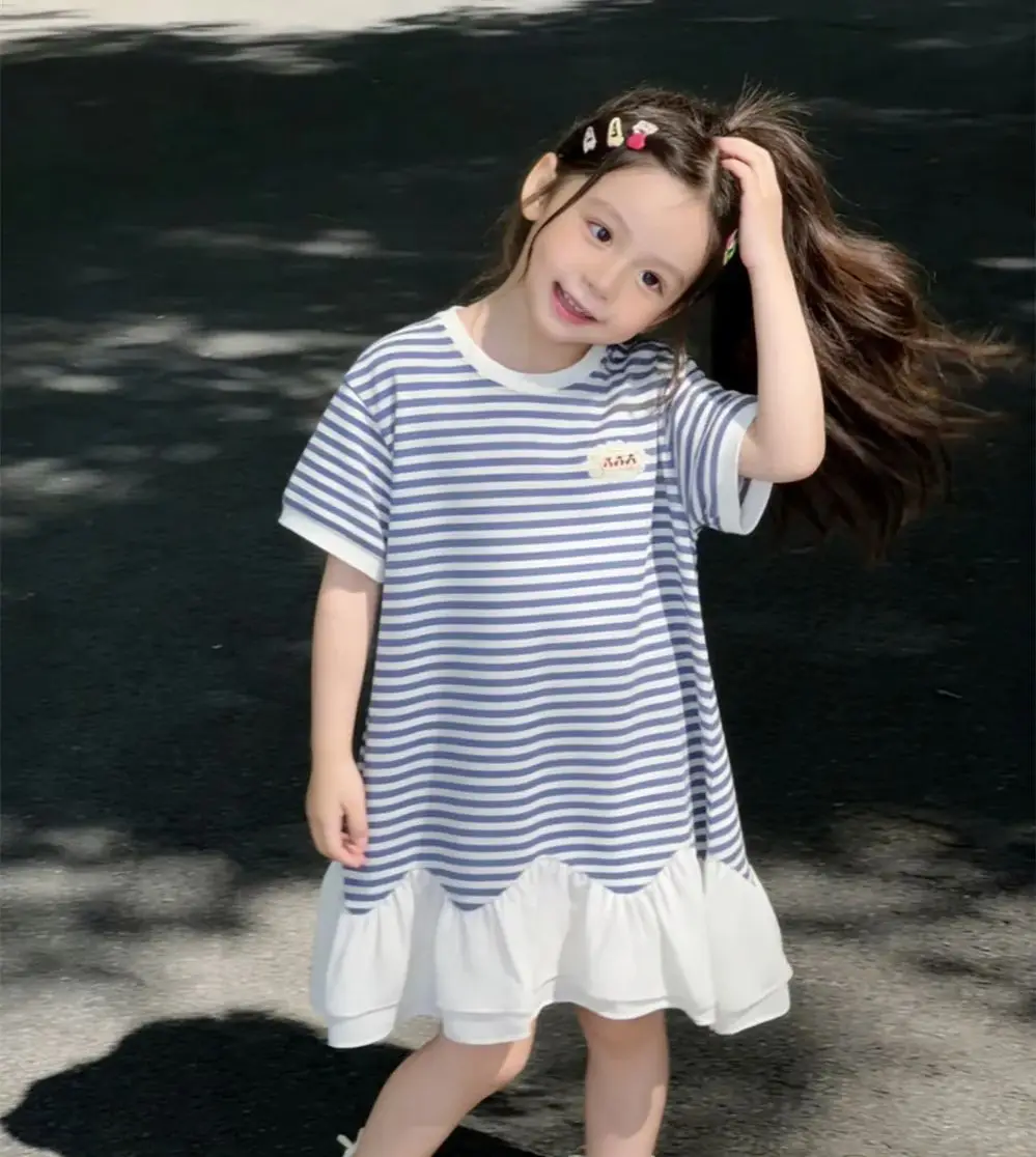 

summer dresses kids clothes girls' dress Blue ocean striped patchwork dress Cherry patterned embroidered dress