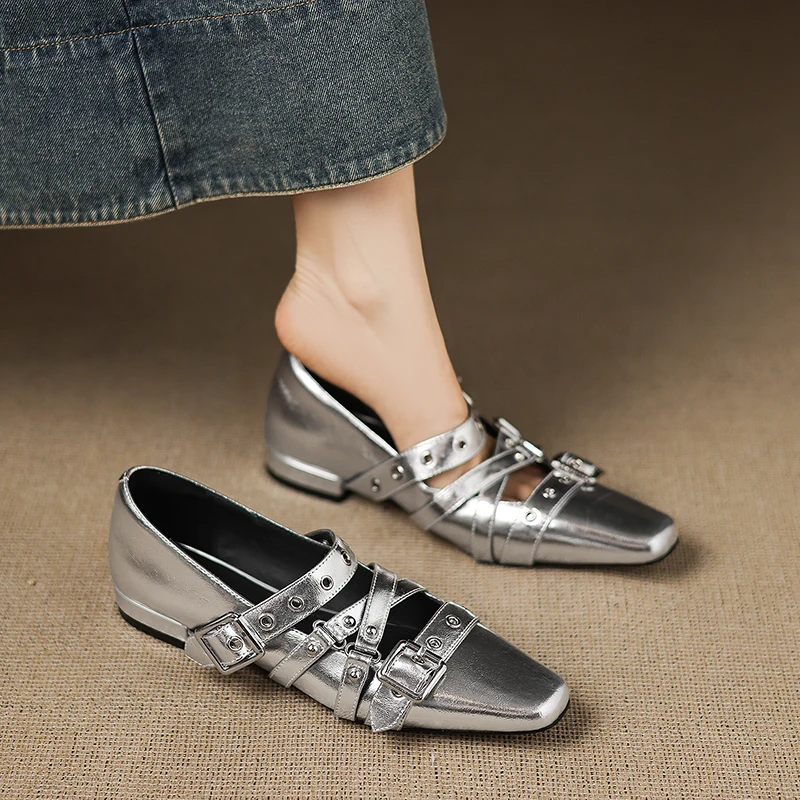 

Женские туфли Мэри Джейн из натуральной кожи, удобные, элегантные, роскошные, дизайнерские, высококачественные, с квадратным носком, серебристые, на плоской подошве, женская обувь