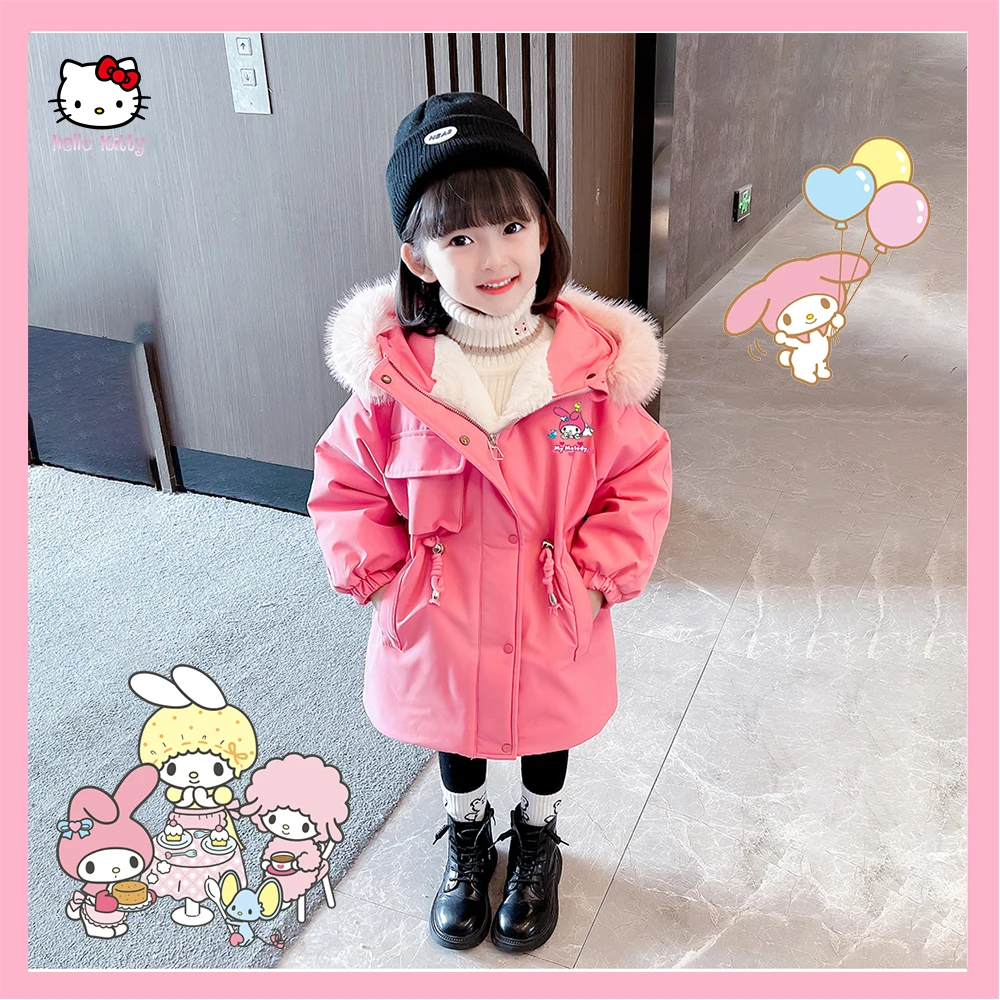 

Hello Kitty Cinnamoroll Melody Kids Jacket Anime Sanrio Winter Hooded Jacket for Girls Top Warm Thick Velvet Causal Outerwear