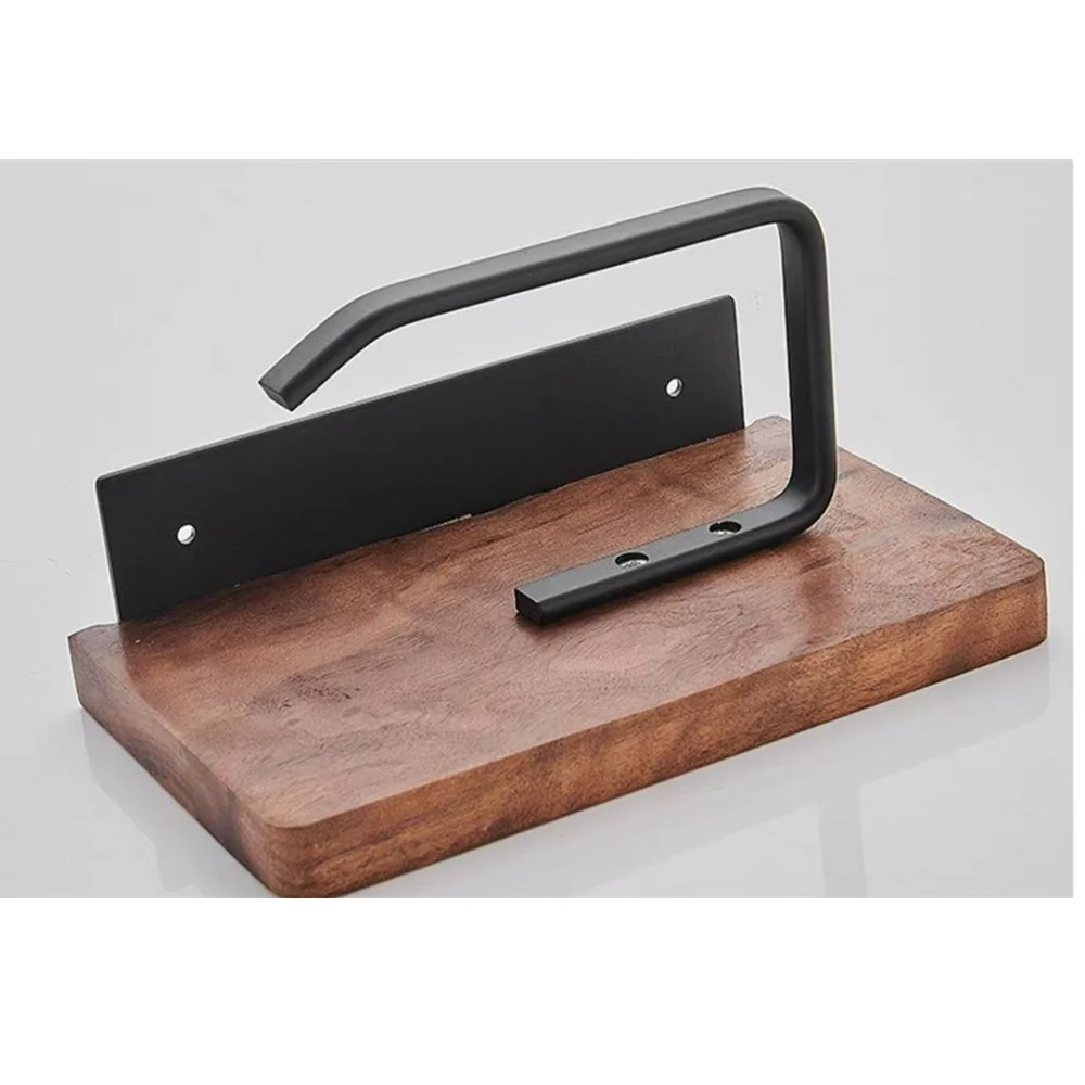 Toilet Paper Holder with Natural Walnut Wooden Shelf Tissue Roll Hanger Wall Mounted Paper Towel Bar 304 Stainless Steel Paper