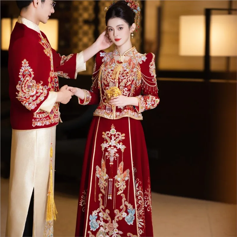 

New Chinese-style wedding dress large-sized dragon silk velvet phoenix women's for brides