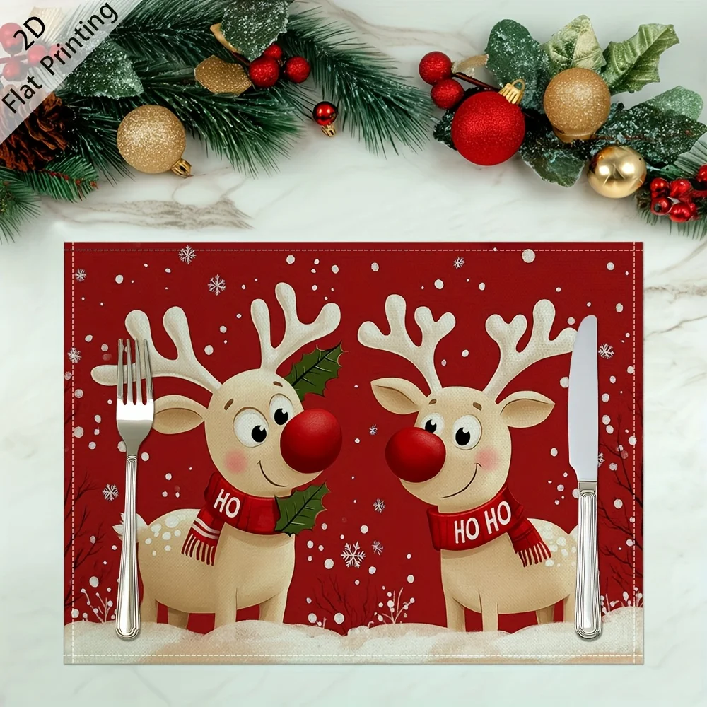 Cozy Snowy Cottage With Two Snowmen And Lit Windows At Sunset Winter Scene Linen Placemat For Holiday Dining Table Accessory