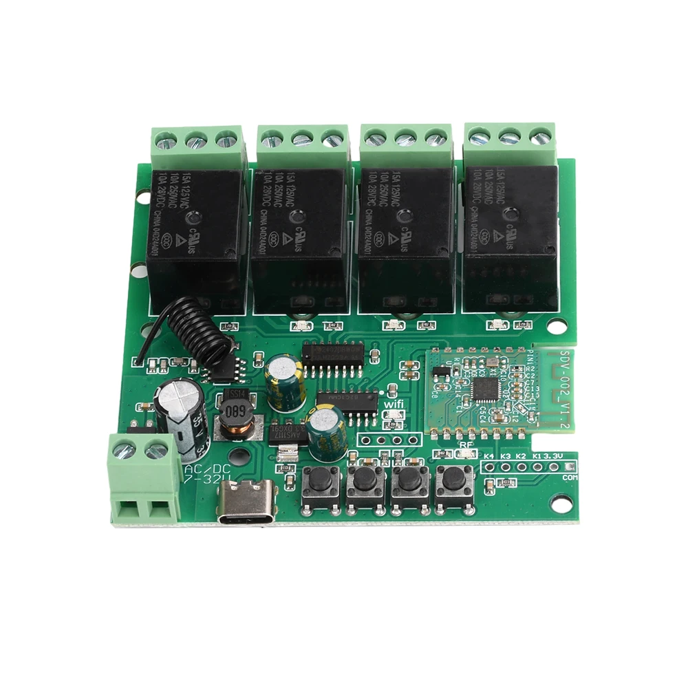 AC/DC7-32V/Type-C 5V 4-Channel Wifi Remote Control Relay Switch Module Supports 433Mhz Remote Control for eWeLink APP