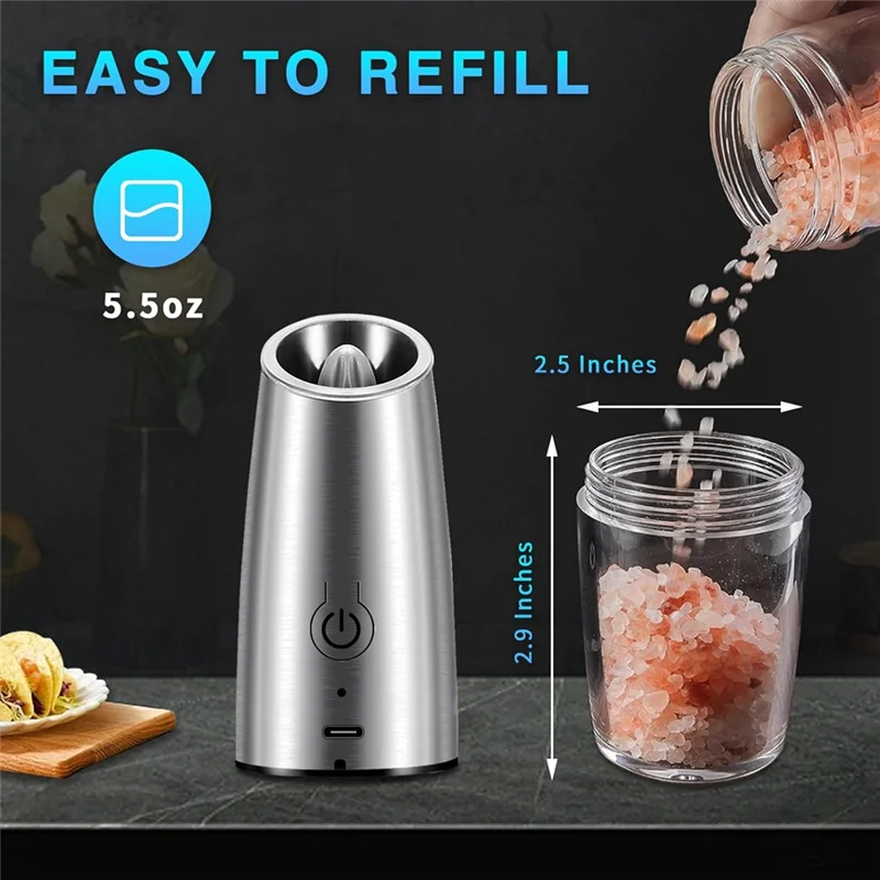 

2PCS Electric Salt And Pepper Grinder Set USB Rechargeable Pepper Mills With LED Light Automatic Spice Grinders Stainless Steel-