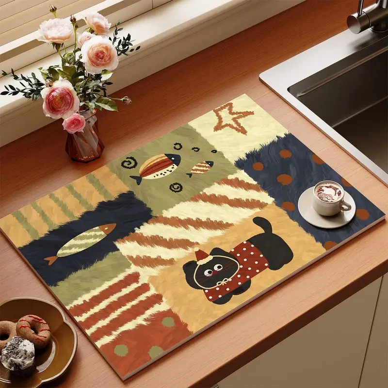 Color Blocking Patchwork Star Black Cat Kitchen Drain Mat Anti Slip Coffee Machine Tableware Kitchen Countertop Protection Mat