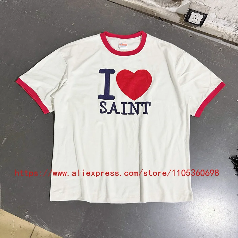 2026 New Arrival SAINT Men's T-Shirt Classic I Love Heart Letter Red Cuff Loose Fit Streetwear Tee Top Fast Delivery
