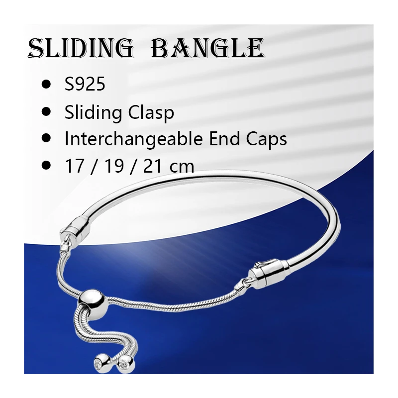 

Rigid Wrist Charm Bracelets Bangles For Women Fine Jewelry Silver 925 Original Snake Chain Sliding Clasp Interchangeable End Cap