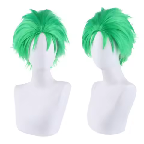 Anime Character Roronoa Zoro Cosplay Wig for Men Halloween Party Green Synthetic Fiber with Adjustable Headband Short Hair Wig
