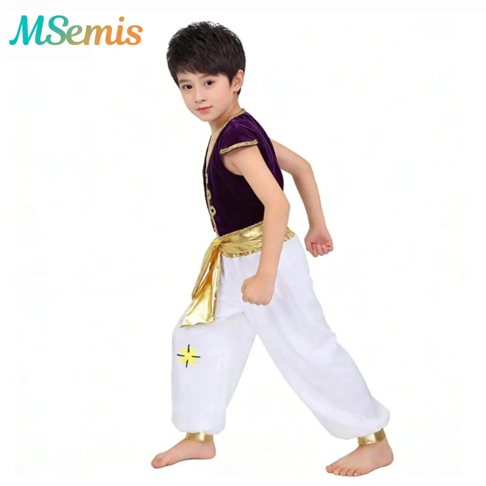 

Boys Arabian Prince Fairy Party Carnival Halloween Cosplay Costume Outfit Cap Sleeves Vest Waistcoat with Pants Set Dress Up
