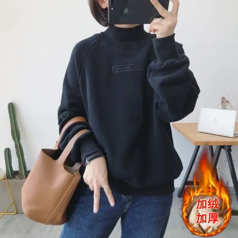 

Autumn and Winter Women's Solid High Neck Loose Pullovers Cotton Liner Embroidery Korean Fashion Casual Office Lady Tops E3070