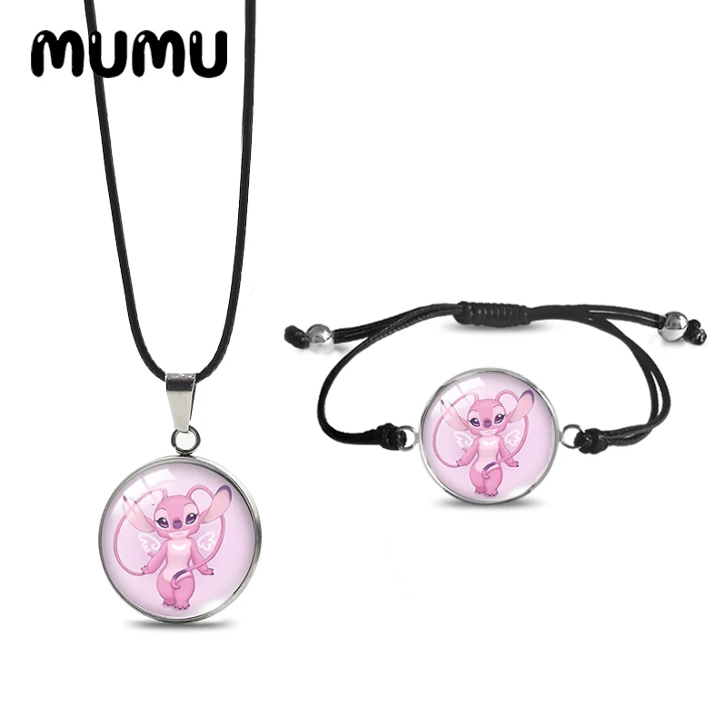 طقم قلادة وأساور بزاوية غرزة ليلو ، حبل أسود ، أطقم مجوهرات كابوشون زجاجي ، أدوات يدوية الصنع ، جديد ،