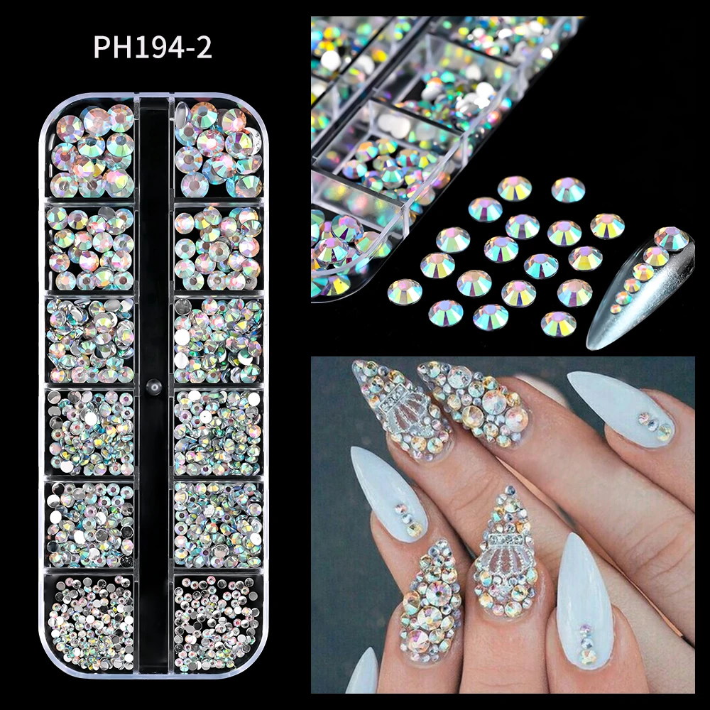 12Grids SS6-SS30 Mixed Nail Rhinestones Shiny Clear/Gold/Pink/Blue Diamond Flat-back Nail Gems Glass Stones Nails Decoration