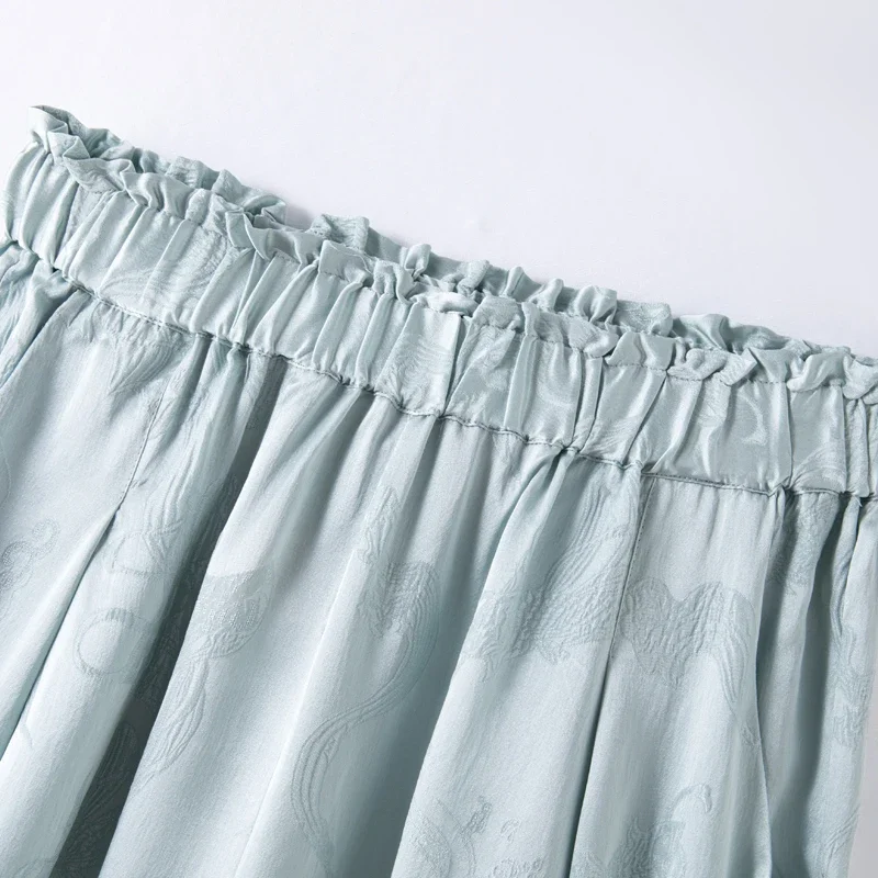 2025 Women's Fashion Early Autumn New 100% Natural Mulberry Silk GuanLe Satin High Waist Casual Aqua Blue Wide Leg Pants