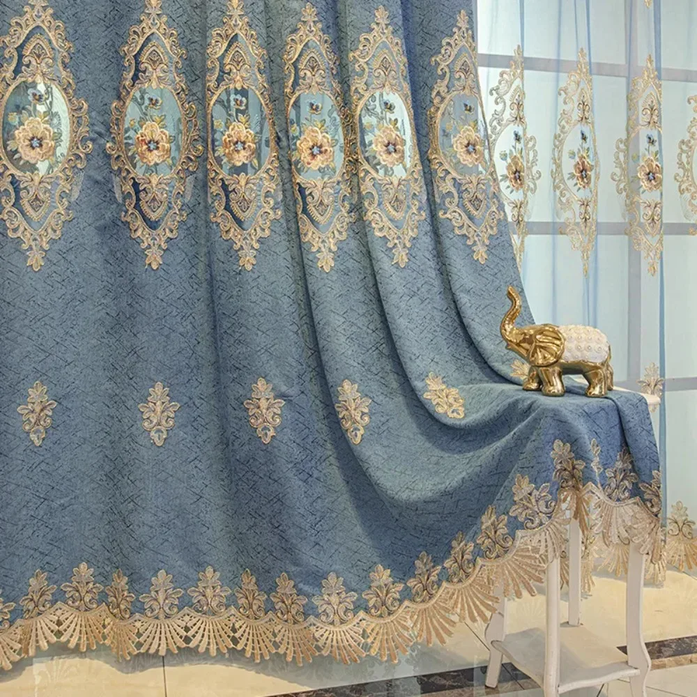

New Chenill Thickened European Embroidered Curtains For Living Room Bedroom Dining Blackout Blue Luxury Custom Size Retro Decor