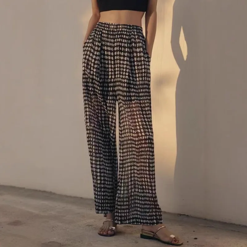 

Spring Thin Chiffon Polka Dots High Waist Drooping Sense Casual Loose Wide Leg Pants Women'S Elastic Waist Vintage Pant Harajuku