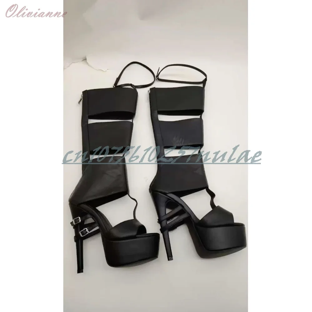 

2025 Hot Girls Black Hollow Sandal Boots Sexy Open Toe Buckle Belts T-Strap Stiletto High Heel Women Shoes Summer Para Mujere
