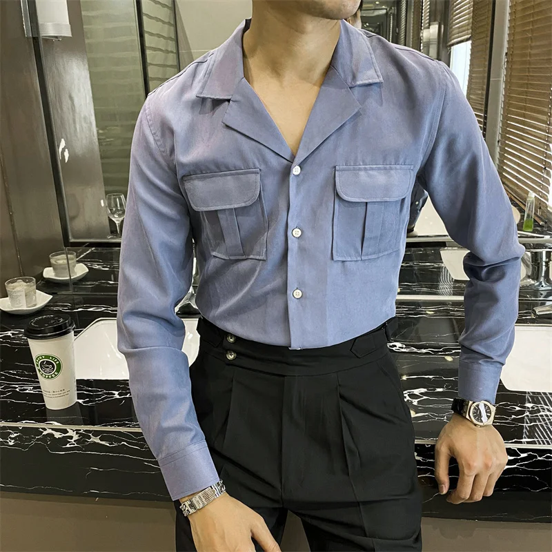 Safari Men Shirt Solid White Streetwear Men\'s Double Pocket Shirt Casual Slim Shirt Italian Business Prom Camp Collar Shirt Men