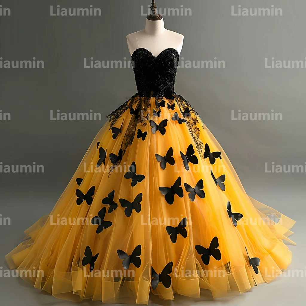 Yellow Tulle Black Butterfly Evening Dresses Bridal Gowns Floor Length Formal Brithday Party Clothing Hand Made Custom W15-32