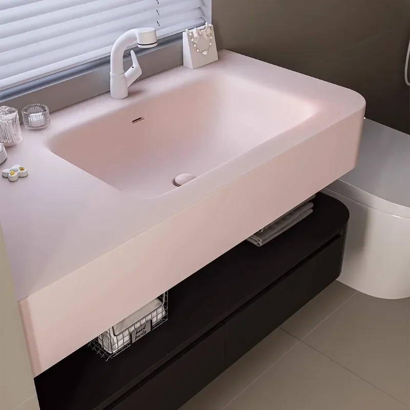 

Lip print Corian integrated basin bathroom cabinet combination light luxury hotel style washstand hand washbasin