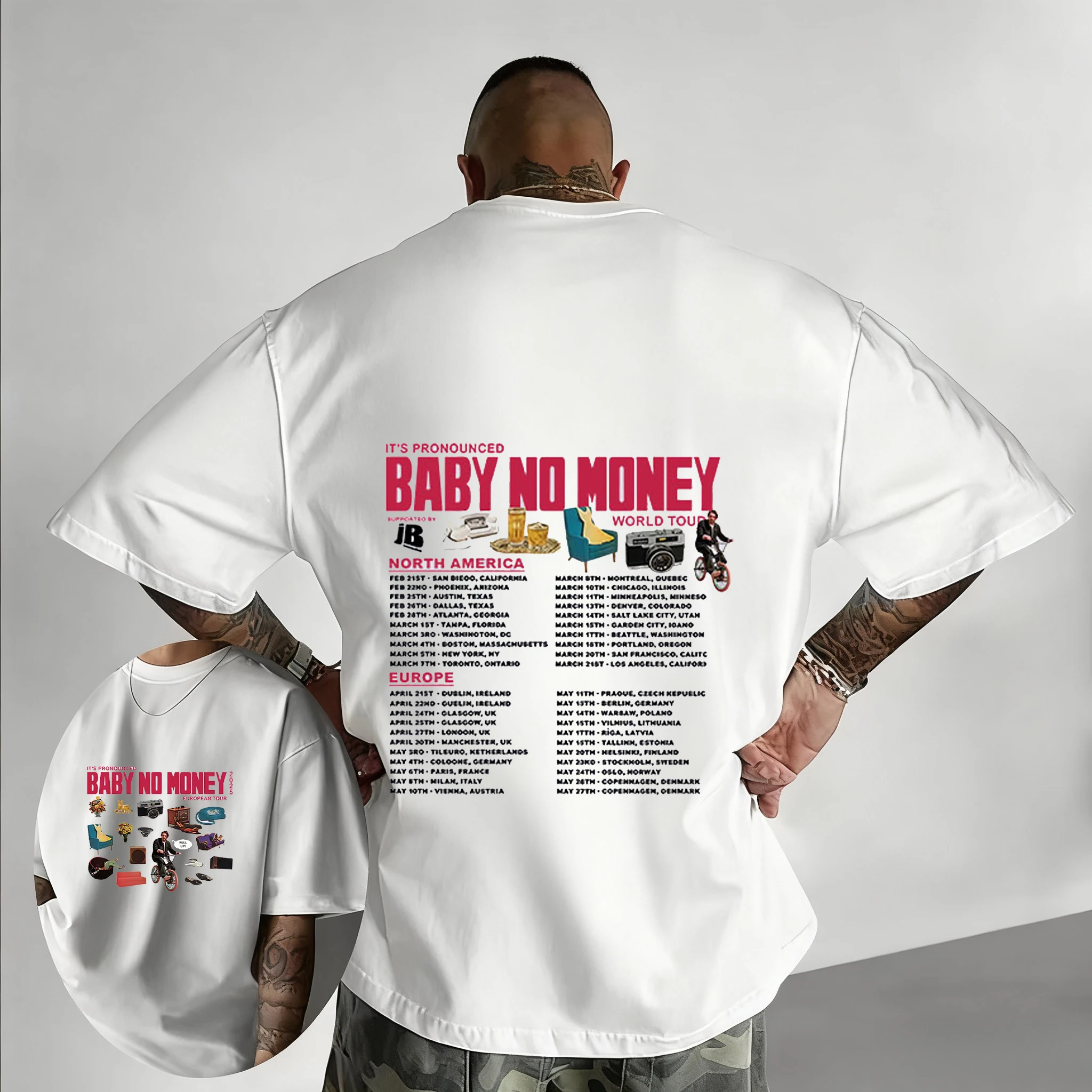 

Rapper Bbno$It's Pronunciation Baby No Money World Tour 2025 Men's Hip-hop Fashion Summer Print 100% Pure Cotton T-shirt