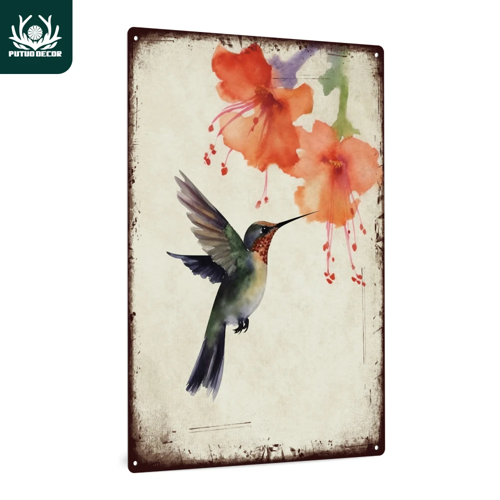 1‑piece Putuo Decor Vintage Hummingbird & Wildflower Metal Tin Sign, Rustic Wall Art for Home, Living Room, Bar and Café‑Weathered Finish, Easy to Hang, Outdoor Wall Decor