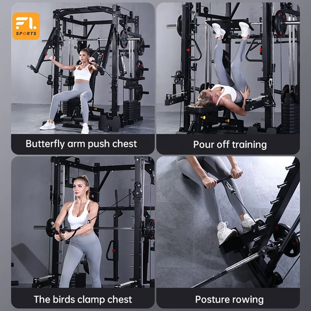 Smith Machine, Multifunction Power Cage with Smith Bar and Two LAT Pull-Down Systems and Cable Crossover Machine for Home Gym