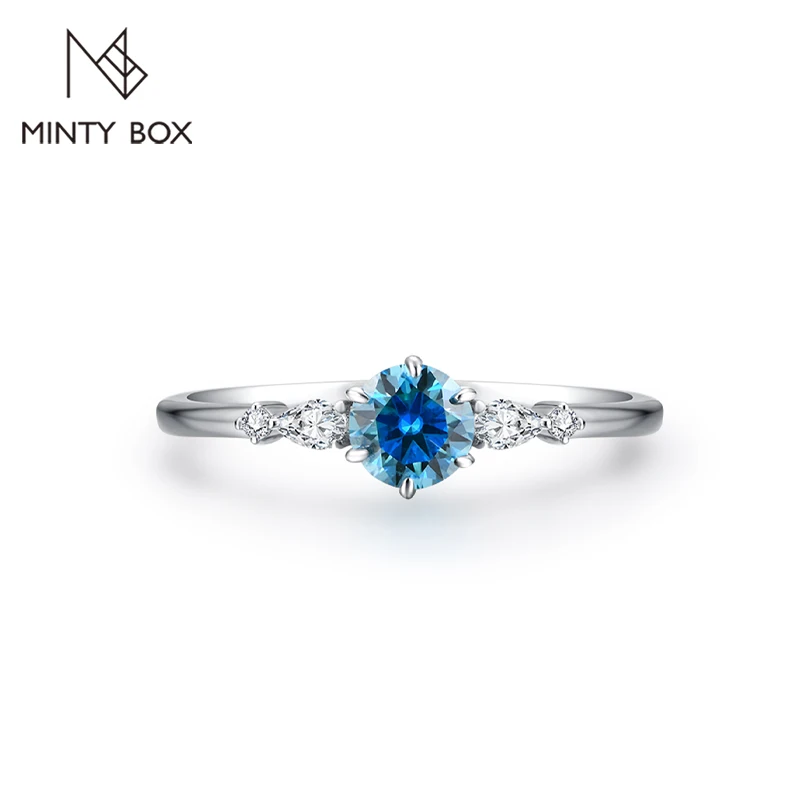 MINTYBOX New D Color Round Cut 0.5CT Colorful Blue Moissanite Ring for Women Solid 10K 14K 18K Gold Halloween Jewelry Party