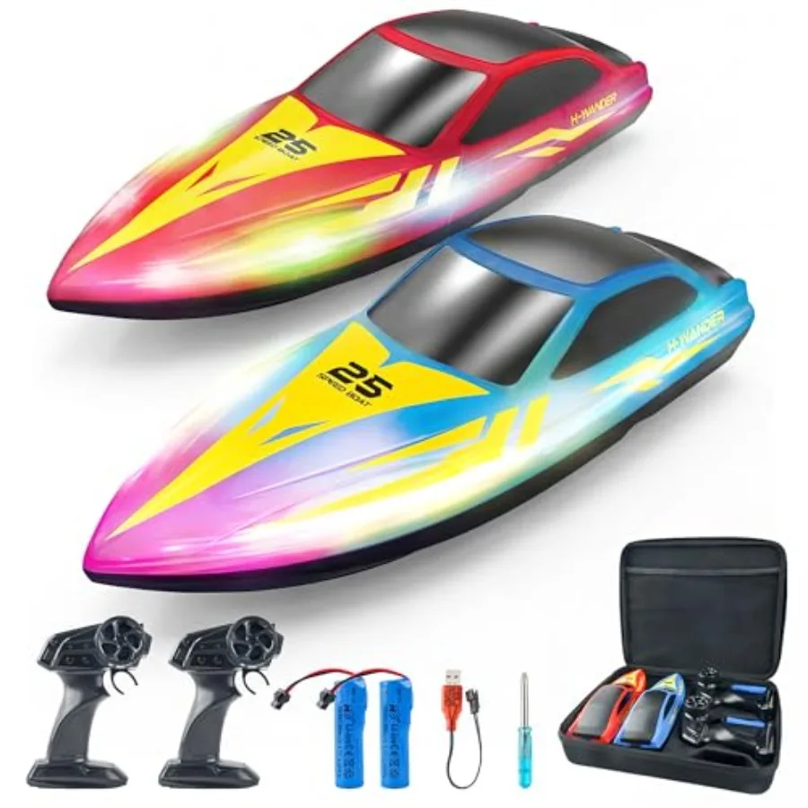 

Remote Control Boat for Pool and Lake Use, ABS Plastic, Red Blue, 2-Pack with 7 LED Lighting Effects and 120-Min Playtime