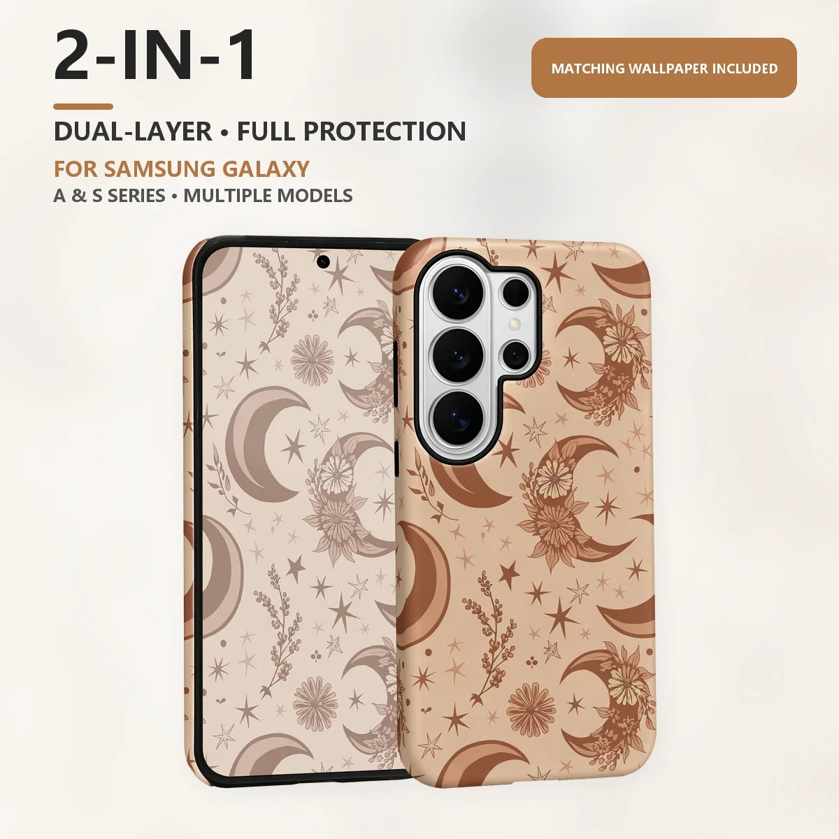 Floral Crescent Moon 2-in-1 Dual-Layer Phone Case for Samsung Galaxy S26 S25 S24 Plus Ultra FE S20 FE A56 A17 A16 A15