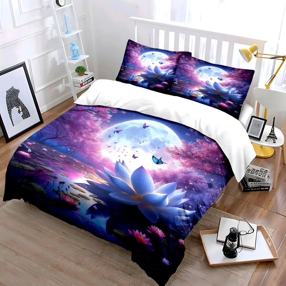 Moonlight Lotus Floral Decor Set Bedding Set with 1 Duvet Cover 2 Pillowcases Single Double King Queen, Gift