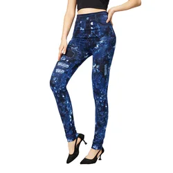 CUHAKCI Faux Denim Jeggings Workout Yoga Leaves Printed Leggings Women Super Stretch Slim Fit Breathable Pencil Pants