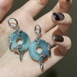 2024New Unique Metal Panlong Stone Clip-on Earrings For Women Geometric Round Hoop Party Pearl Necklace Jade Carving Jewelry Set