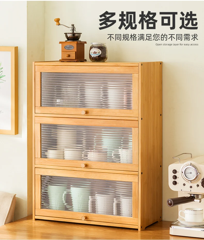 Natural Bamboo Storage Cabinets Dustproof Acrylic Doors Cup Holder Tea Set Display Kitchen Organizer Dining Room