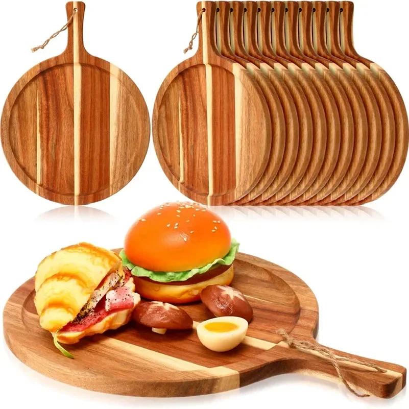 Solid Wood Pizza Tray Round Steak Western Food Tray with Handle Wooden Fruit Bread Chopping Board Cutting Board Wooden Tray