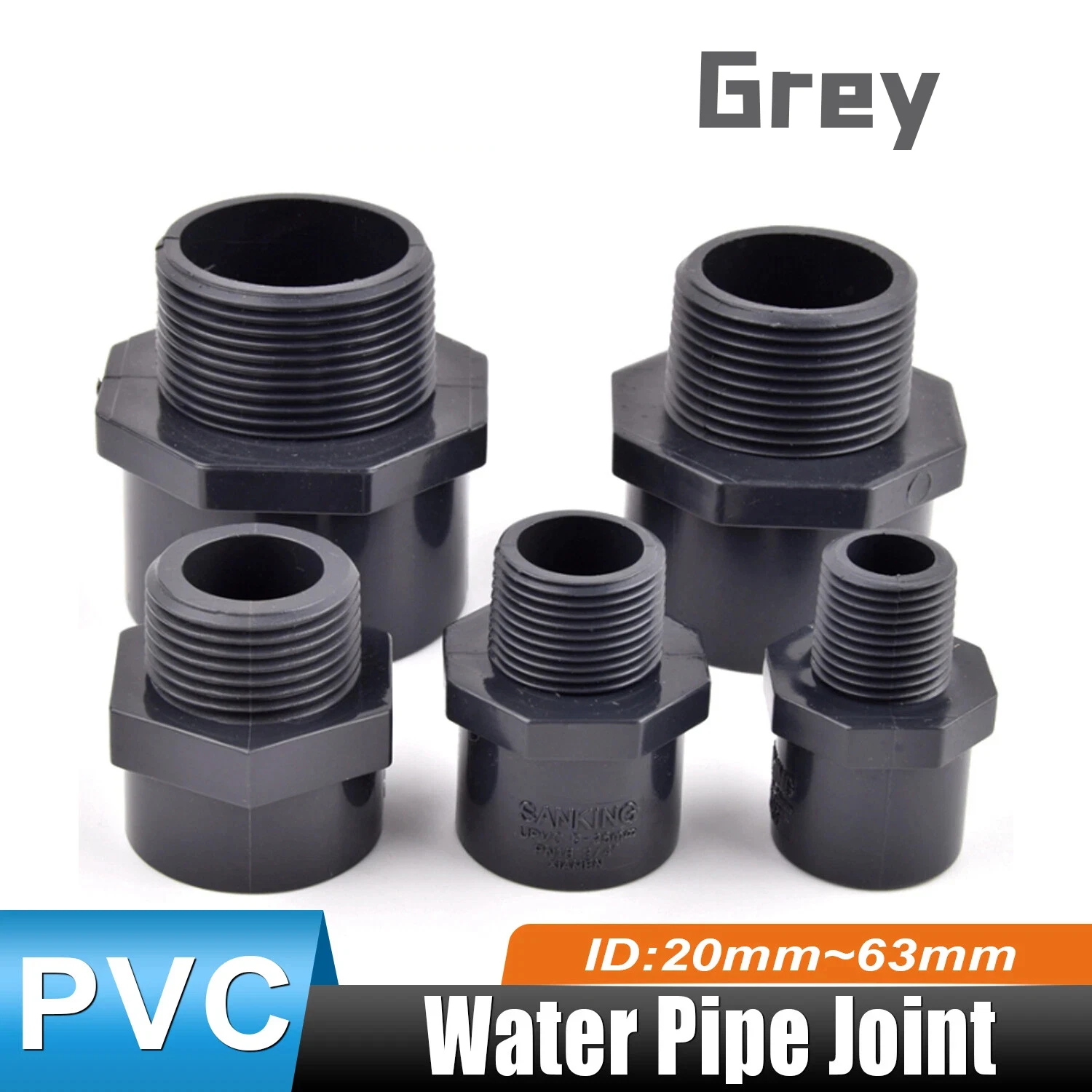 

1/2 "3/4" 1 "1-1/4" 1-1/2 "2" ниппели из ПВХ с резьбой, соединитель фитингов для труб, переходник BSP, серый, 20/25/32/40/50/60 мм